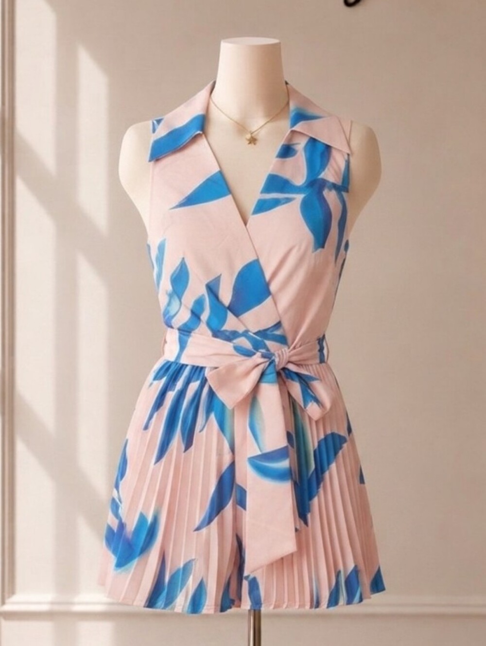 Sleeveless Pink & Blue Floral Wrap Romper